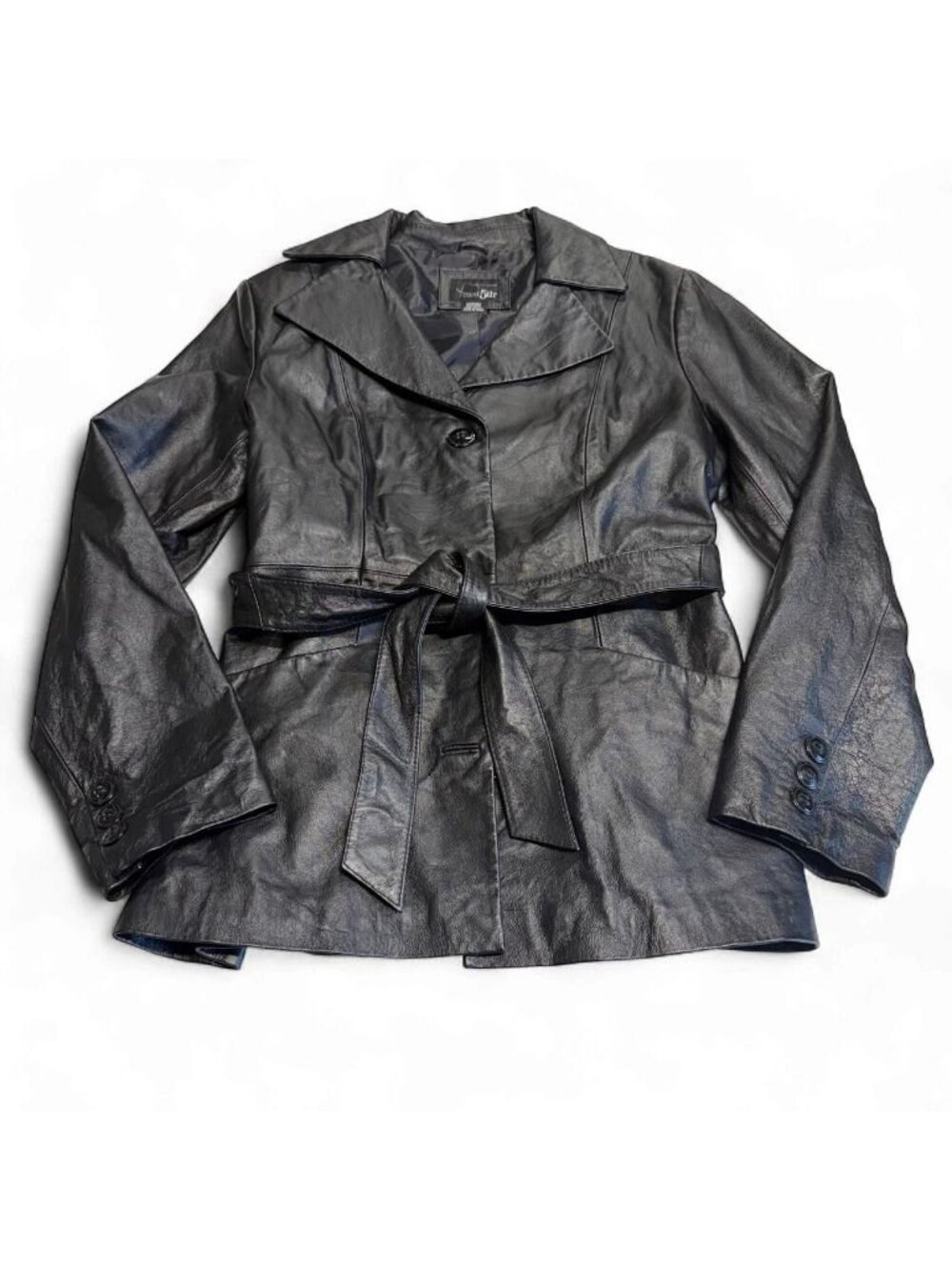 Vintage Y2K East 5th 100% Leather Belted Jacket Women's Large Moto Biker Winter